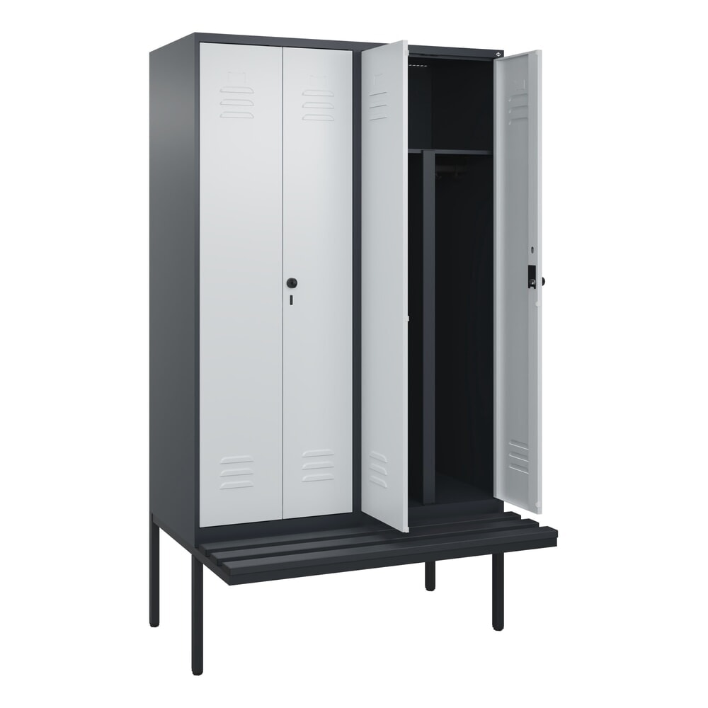 C+P PSA Doppel-Spind Classic PLUS, 4 Abteile, HxBxT 2.120 x 1.200 x 815 mm, für Vorhängeschloss, auskragende Bank aus Kunststoff, anthrazitgrau, lichtgrau