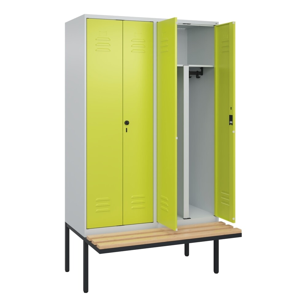 C+P PSA Doppel-Spind Classic PLUS, 4 Abteile, HxBxT 2.120 x 1.200 x 815 mm, Zylinderschloss, auskragende Bank aus Buche, lichtgrau, clowngrün