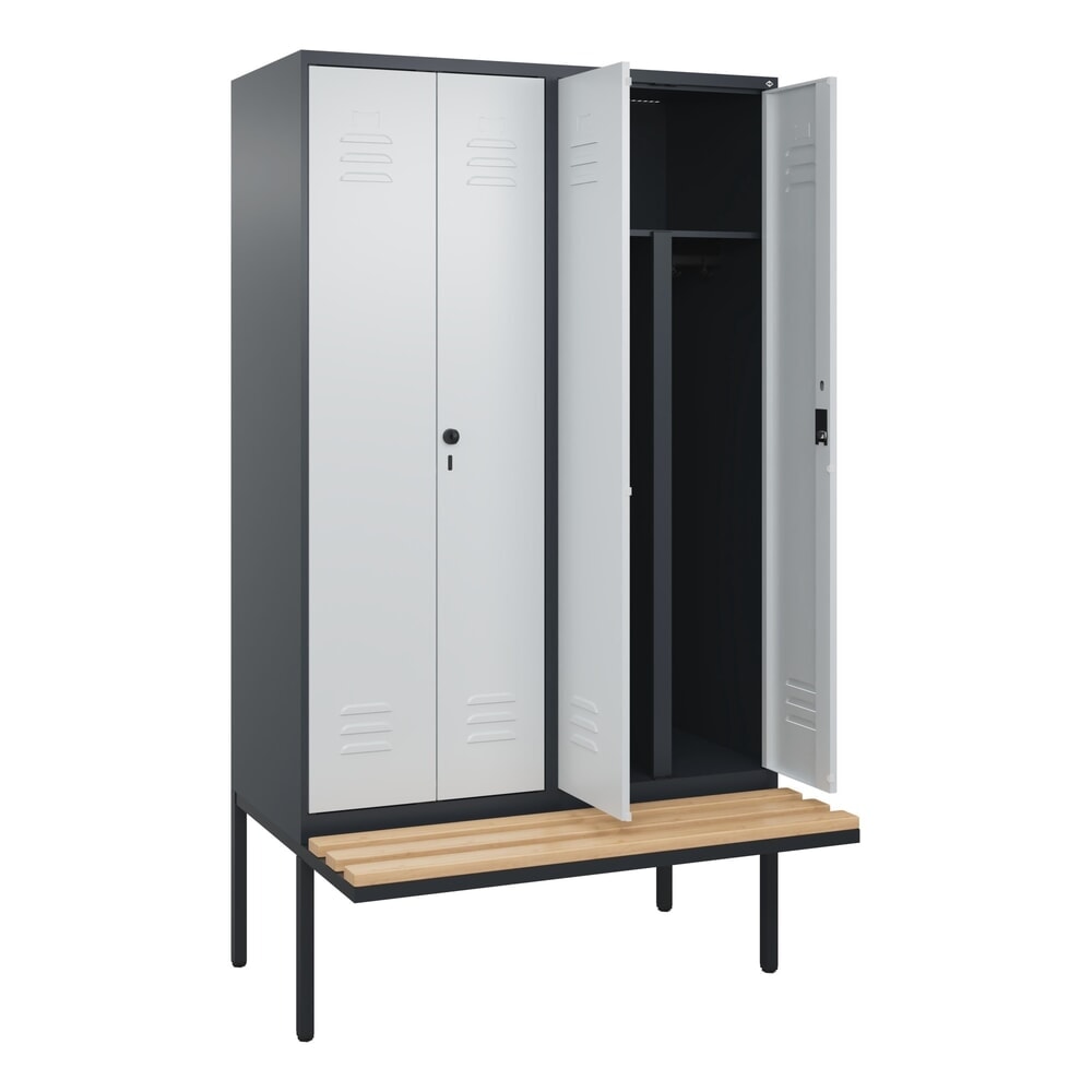 C+P PSA Doppel-Spind Classic PLUS, 4 Abteile, HxBxT 2.120 x 1.200 x 815 mm, Zylinderschloss, auskragende Bank aus Buche, anthrazitgrau, lichtgrau
