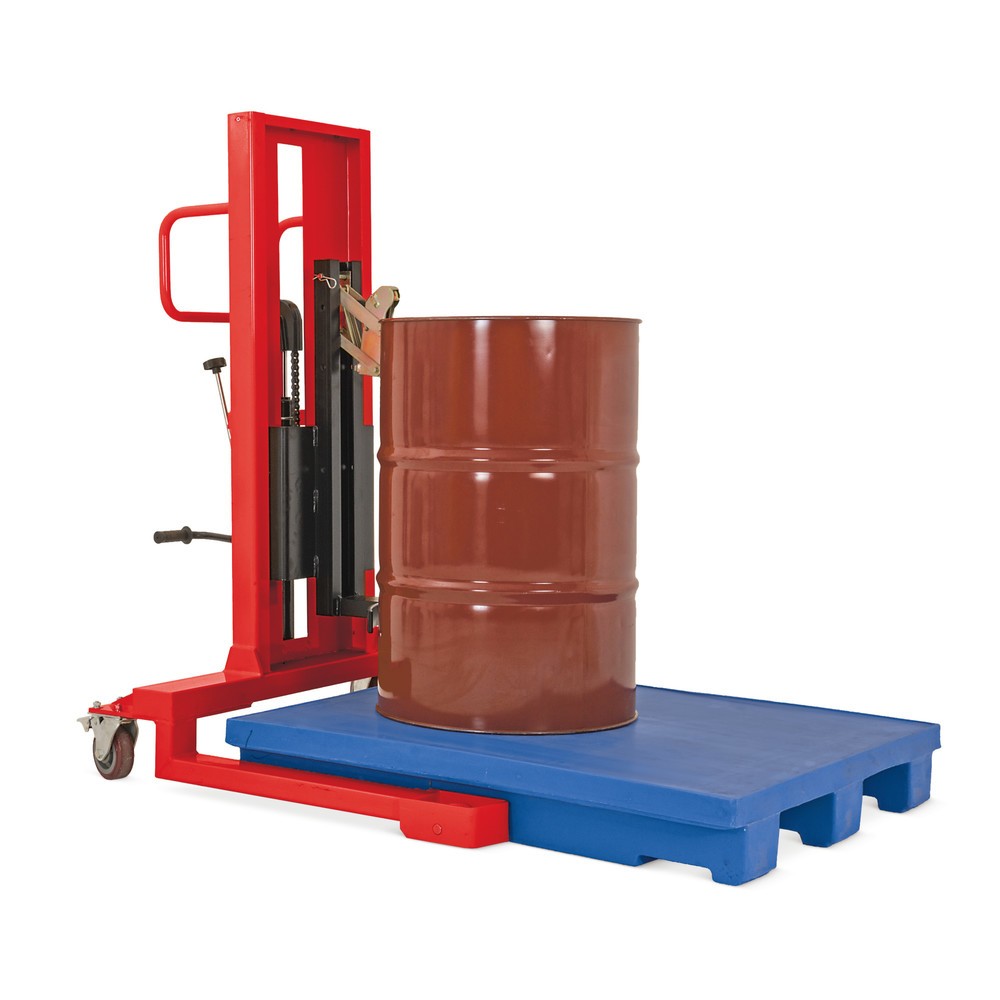 Fassheber mit Fußpedalhub, Frontalaufnahme, Hubhöhe 750 mm, TK 350 kg, RAL 3020 verkehrsrot