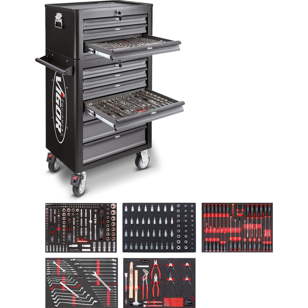 VIGOR® Werkzeugwagen 1000, 7 + 3 Schubladen + Aufsatzkoffer, inkl. 344-teiligem Werkzeugsortiment