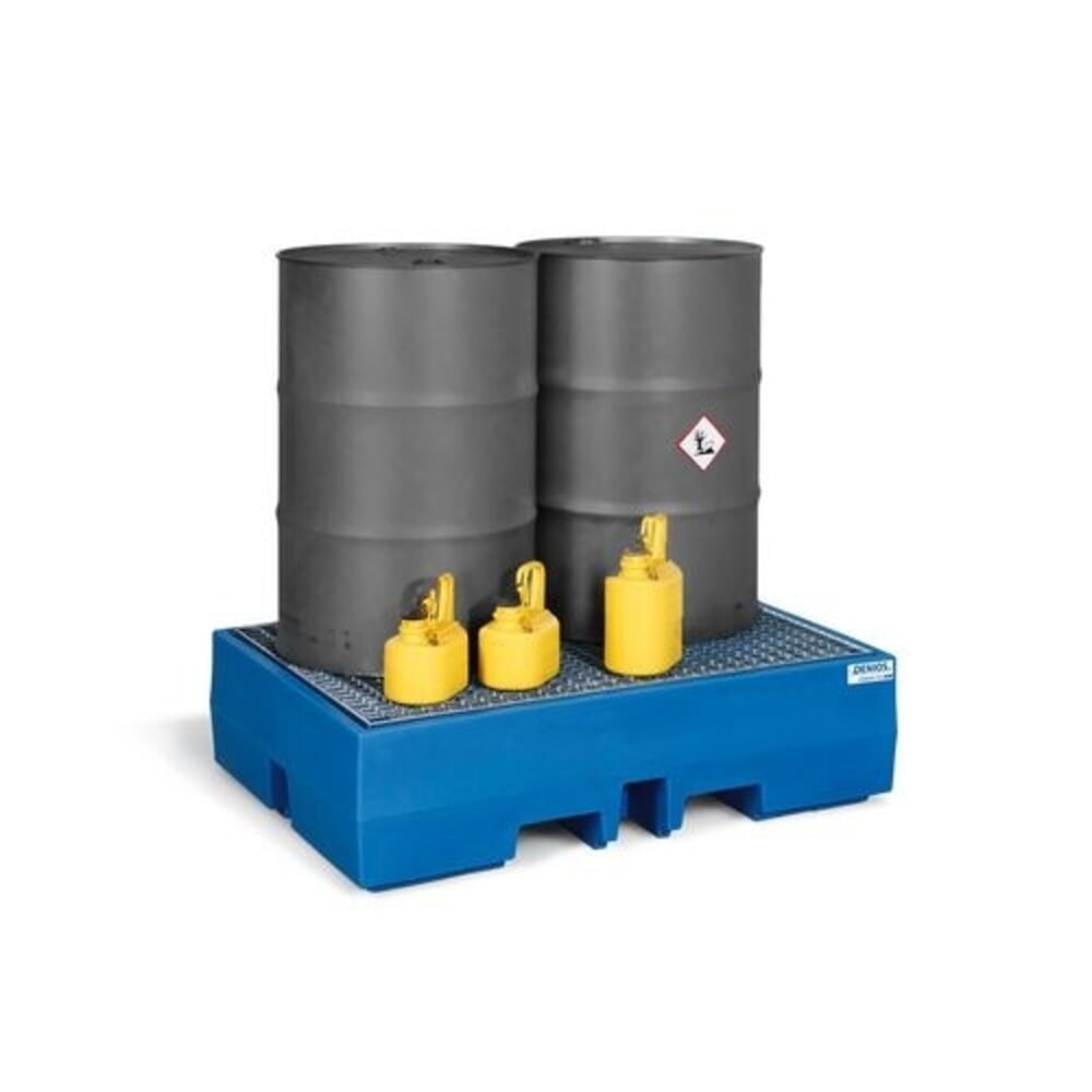 Denios Auffangwanne classic-line aus PE für 2 Fässer, verz. Gitterrost, Auffangvolumen 270 l, HxBxT 350 x 900 x 1300 mm
