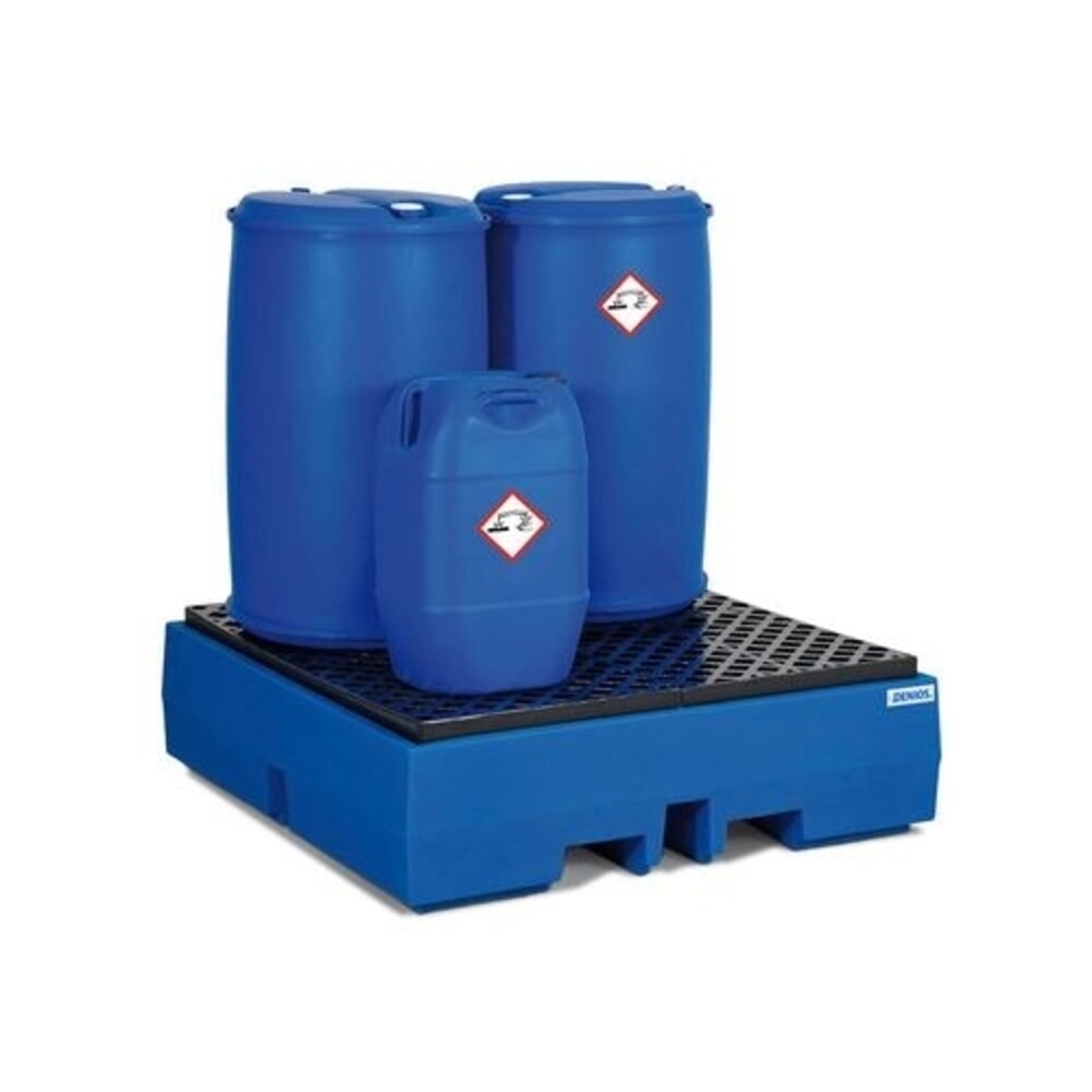 Denios Auffangwanne classic-line aus PE für 4 Fässer, PE-Gitterrost, HxBxT 375 x 1300 x 1300 mm