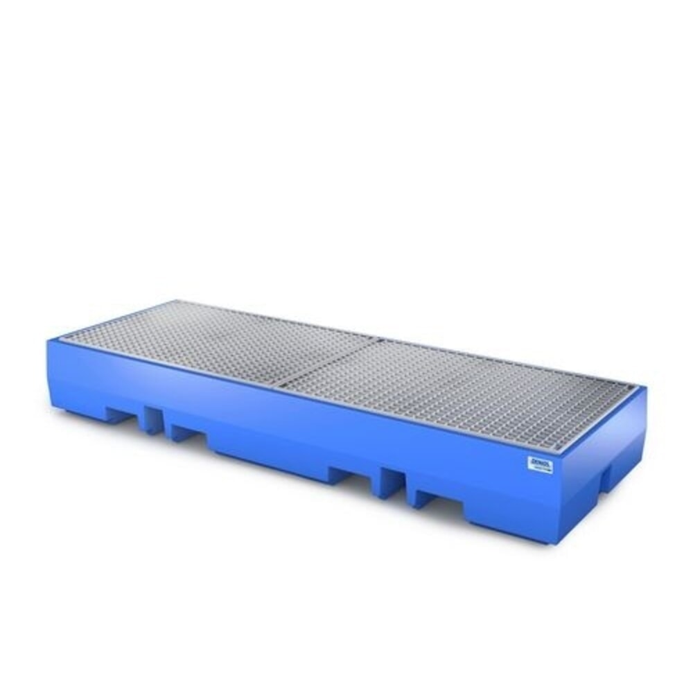 Denios Auffangwanne classic-line aus PE für 4 Fässer, verz. Gitterrost, HxBxT 350 x 2520 x 900 mm