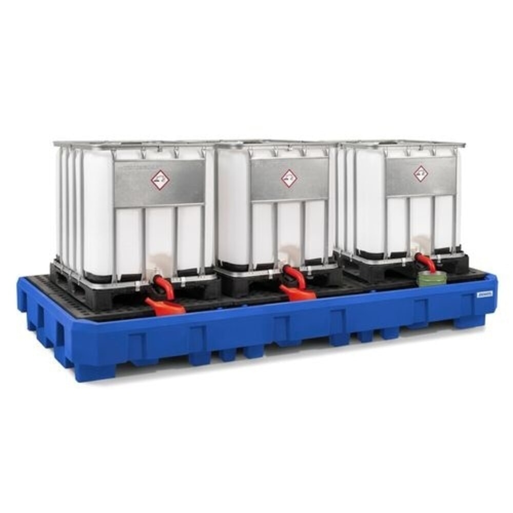 Denios Auffangwanne classic-line aus PE für 3 IBC, Abfüllbereich und PE-Gitterrost, HxBxT 475 x 3640 x 1800 mm