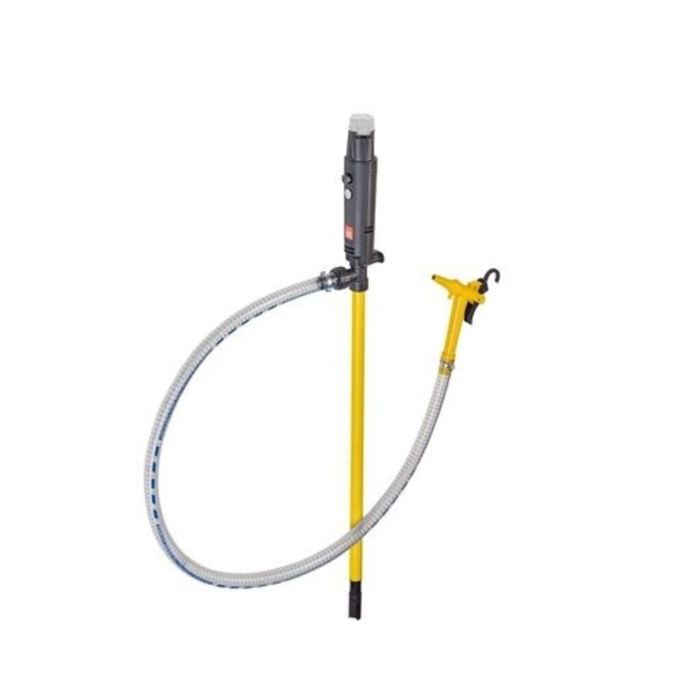 Denios Akku-Fasspumpe aus Polypropylen, Schlauch 1,5 m, Zapfventil, 75 W, Tauchtiefe 1000 mm