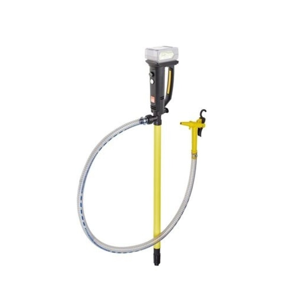 Denios Akku-Fasspumpe aus Polypropylen, Schlauch 1,5 m, Zapfventil, 260 W, Tauchtiefe 500 mm
