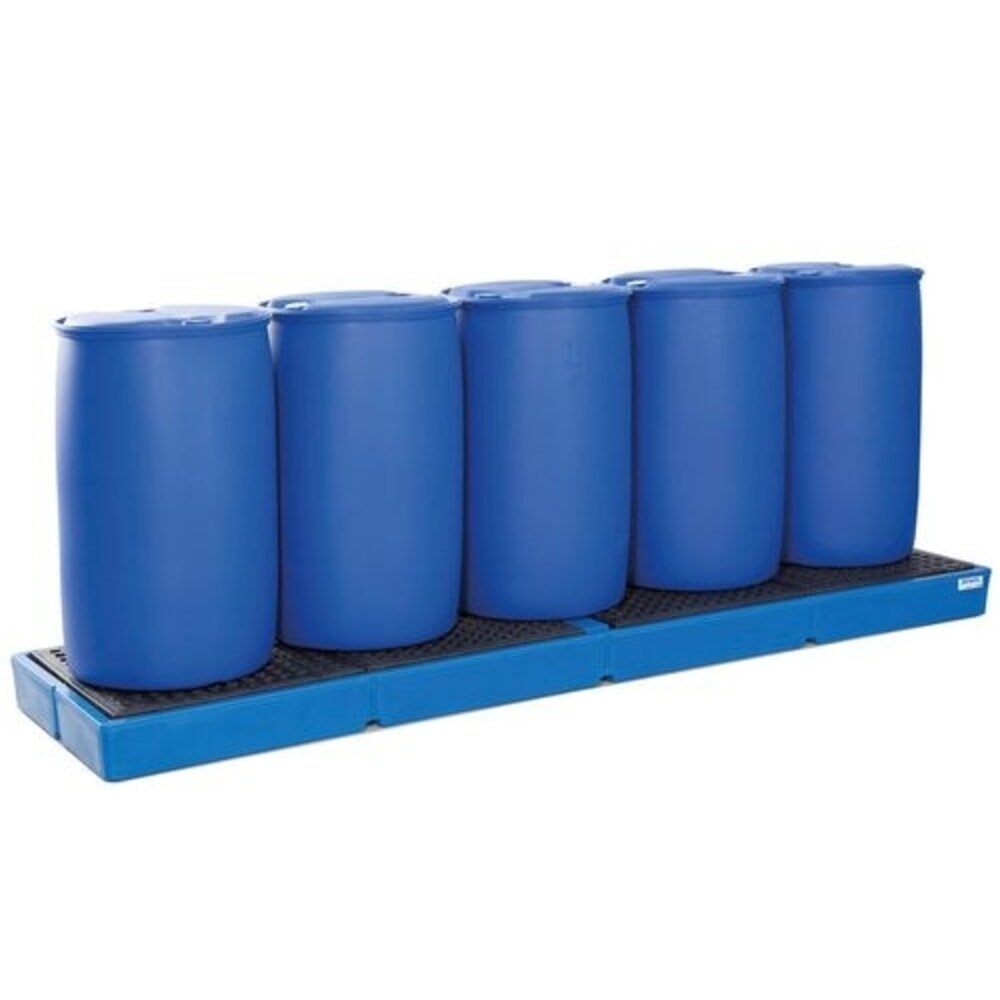 Denios Auffangwanne classic-line aus PE für 5 Fässer, PE-Gitterrost, HxBxT 150 x 3000 x 790 mm
