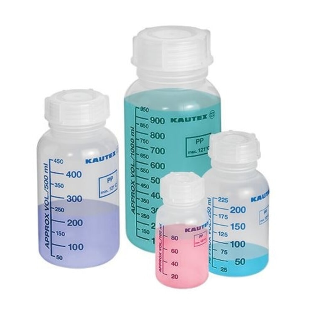 Denios Weithalsflaschen aus PP, Volumenskala, mit Schraubverschluss, 1000 ml, 12 Stück