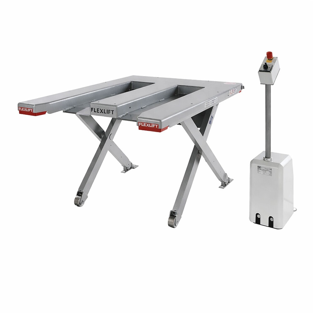FLEXLIFT Flach-Scheren-Hubtisch, E-förmig, TK 1.500 kg, Plattform à 1.300 x 1.150 mm, 230 V