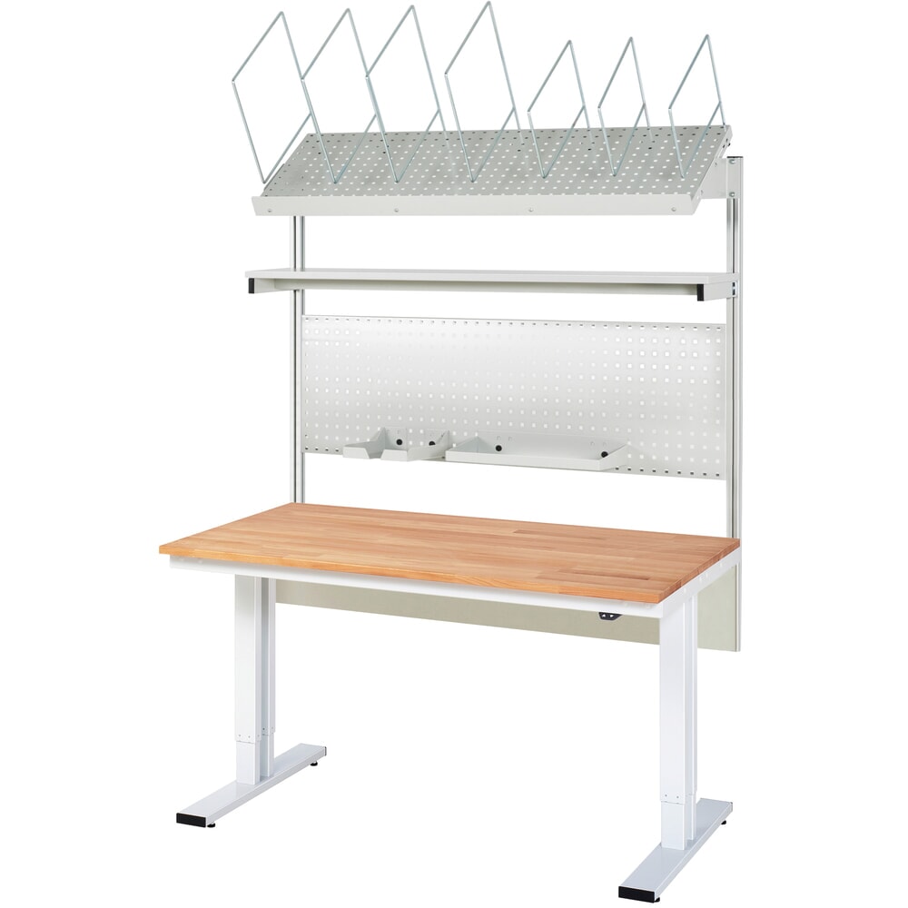 RAU Elektrisch höhenverstellbares Packtisch-Set adlatus 300, Aufbau mit Kartonmagazin und Lochplatte, HxBxT 1850-2250 mm x 1500 mm x 800 mm