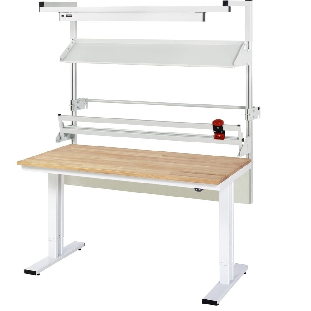 RAU Elektrisch höhenverstellbares Packtisch-Set adlatus 300, Aufbau mit LED-Beleuchtung und Schneidegerät, HxBxT 1850-2250 mm x 1500 mm x 800 mm