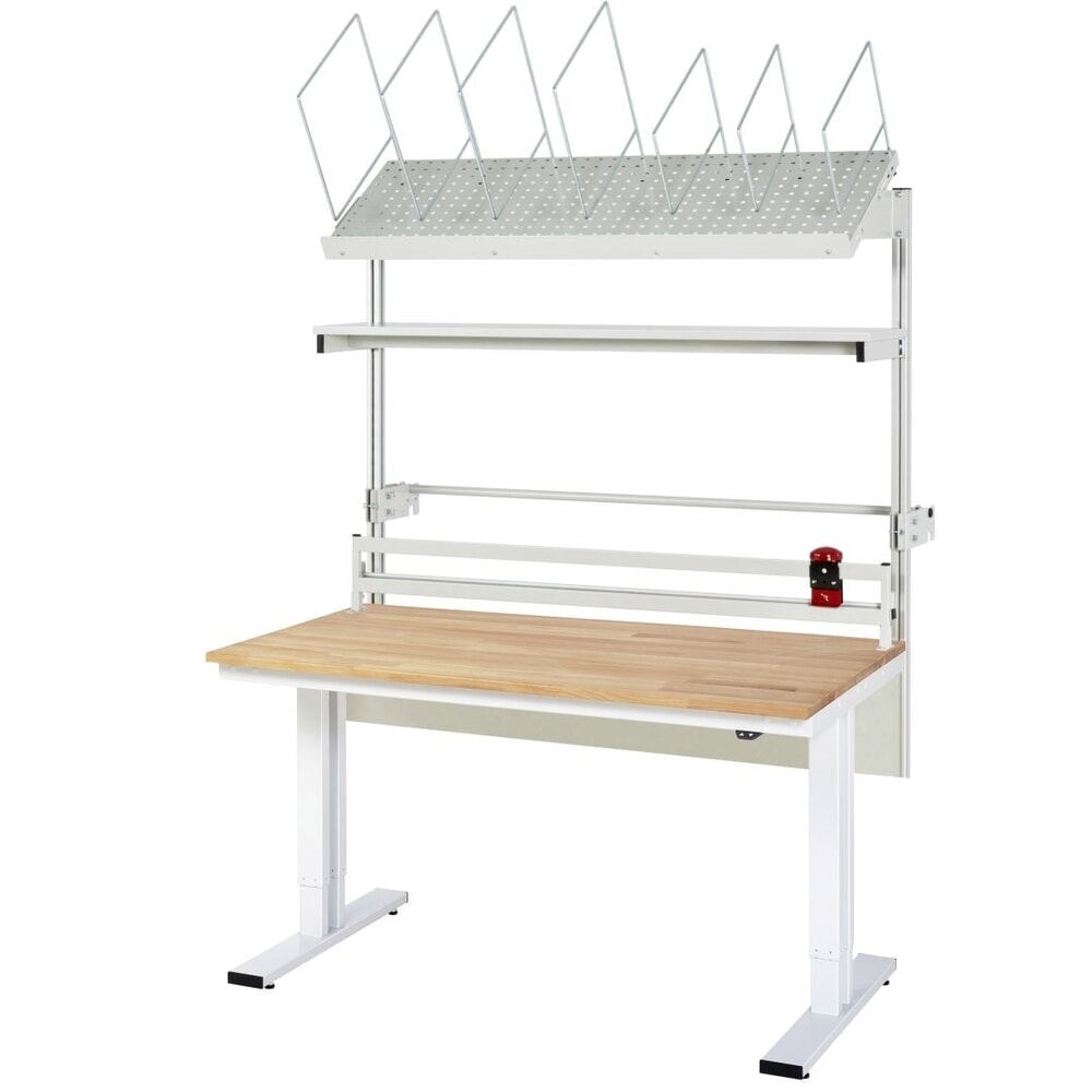 RAU Elektrisch höhenverstellbares Packtisch-Set adlatus 300, Aufbau mit Kartonmagazin, Abrolleinheit und Schneidegerät, HxBxT 1850-2250 mm x 1500 mm x 800 mm