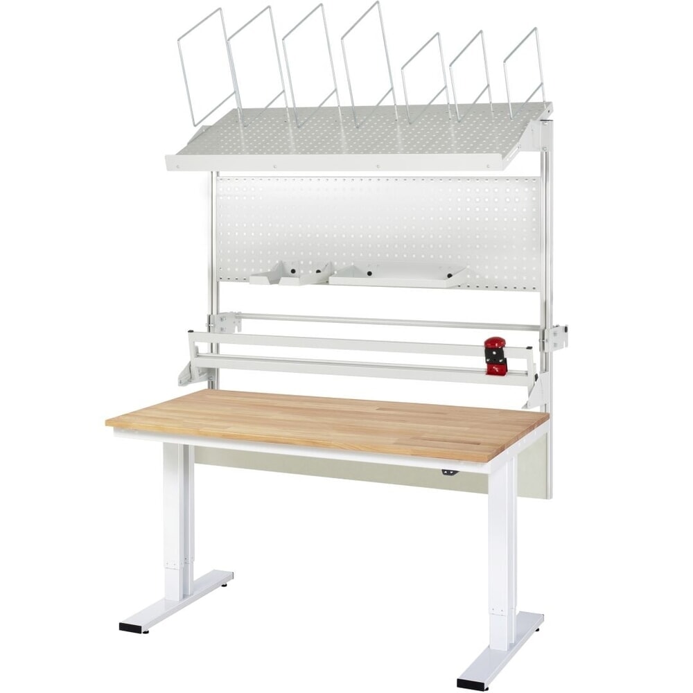 RAU Elektrisch höhenverstellbares Packtisch-Set adlatus 300, Aufbau mit Kartonmagazin, Lochplatte und Schneidegerät, HxBxT 1850-2250 mm x 1500 mm x 800 mm