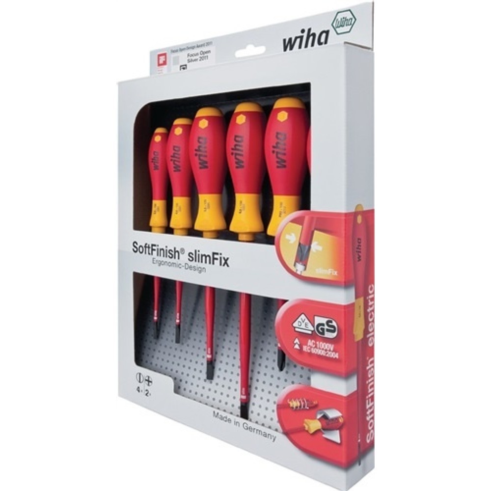 WIHA Schraubendrehersatz SoftFinish VDE isoliert slimFix, 6-tlg, Schlitz 3,5/4/5,5/6,5/PH 1/2 brün. Rundkl.