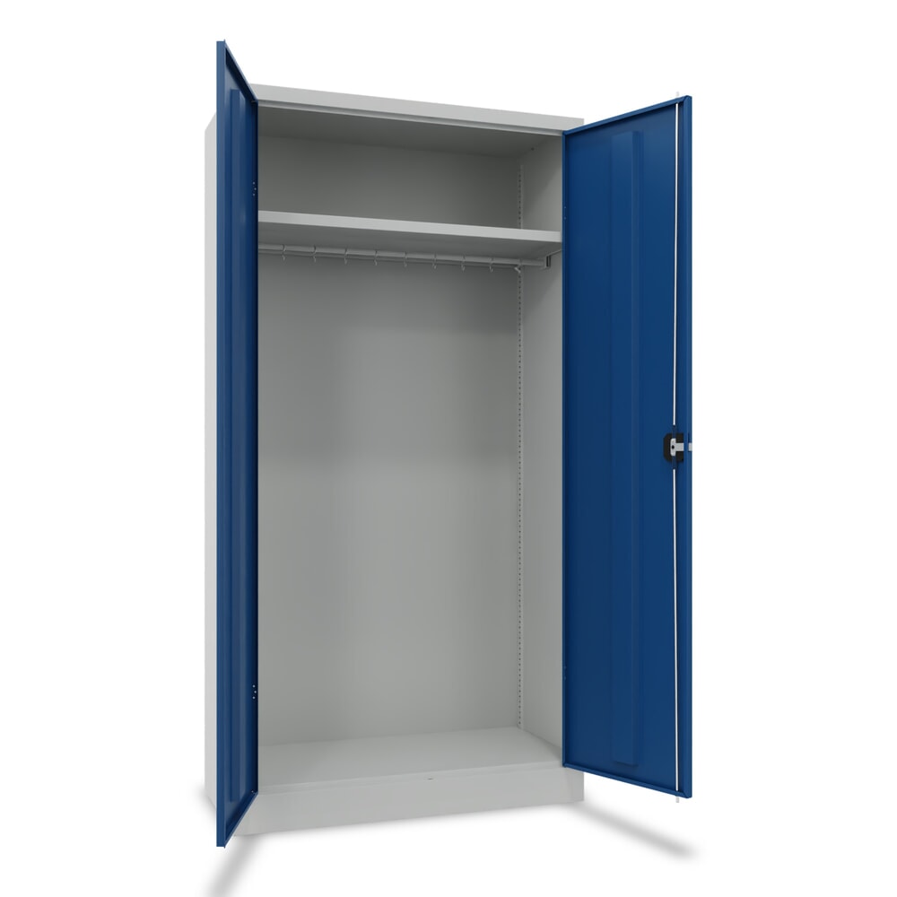 PAVOY Flügeltürenschrank mit verzinktem Hutboden und Kleiderstange, HxBxT 1950 x 1000 x 500 mm, lichtgrau/enzianblau