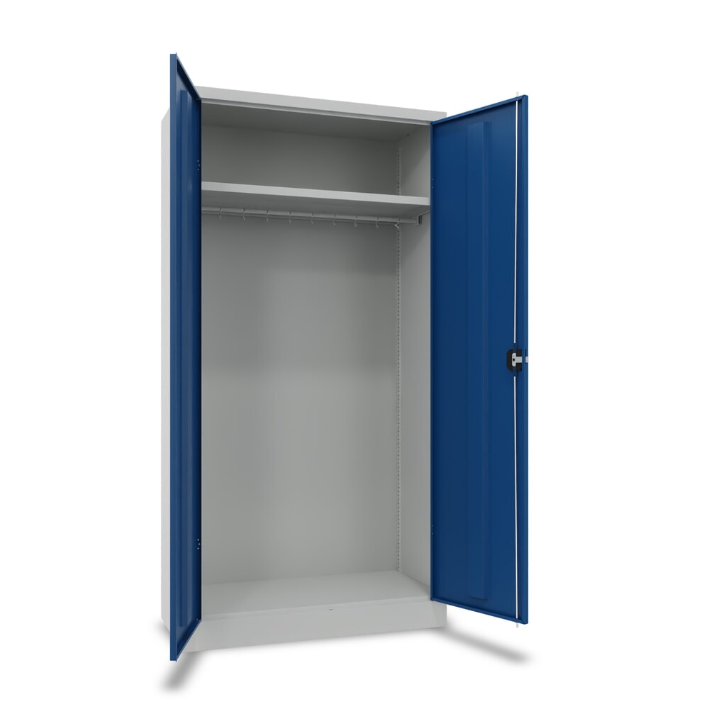 PAVOY Flügeltürenschrank mit pulverbeschichtetem Hutboden und Kleiderstange, HxBxT 1950 x 1000 x 600 mm, lichtgrau/enzianblau