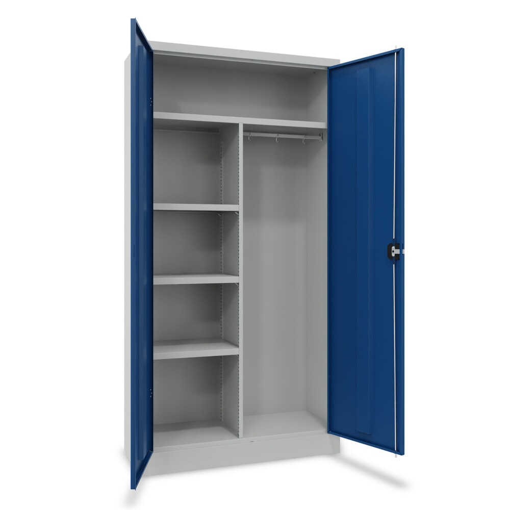 PAVOY Flügeltürenschrank mit Hutboden, Trennwand, pulverbeschichteten Fachböden und Kleiderstange, HxBxT 1950 x 1000 x 600 mm, lichtgrau/enzianblau