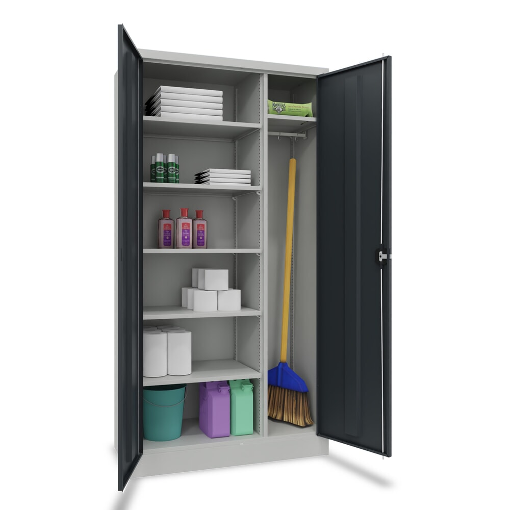 PAVOY Putzmittelschrank mit Trennwand, pulverbeschichteten Fachböden und Kleiderstange, HxBxT 1950 x 1000 x 400 mm, lichtgrau/anthrazitgrau