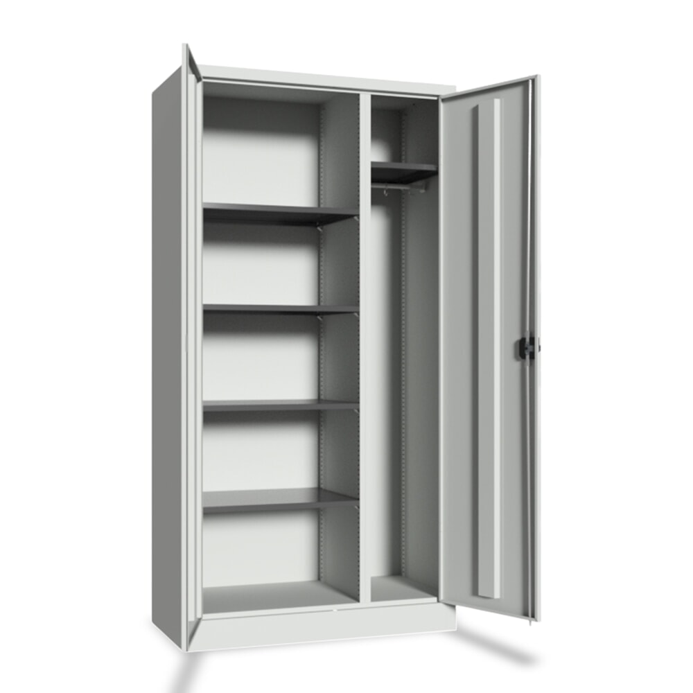 PAVOY Putzmittelschrank mit Trennwand, pulverbeschichteten Fachböden und Kleiderstange, HxBxT 1950 x 1000 x 500 mm, lichtgrau/lichtgrau