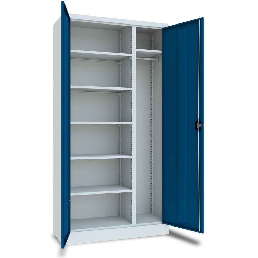 PAVOY Putzmittelschrank mit Trennwand, verzinkten Fachböden und Kleiderstange, HxBxT 1950 x 1000 x 400 mm, lichtgrau/enzianblau