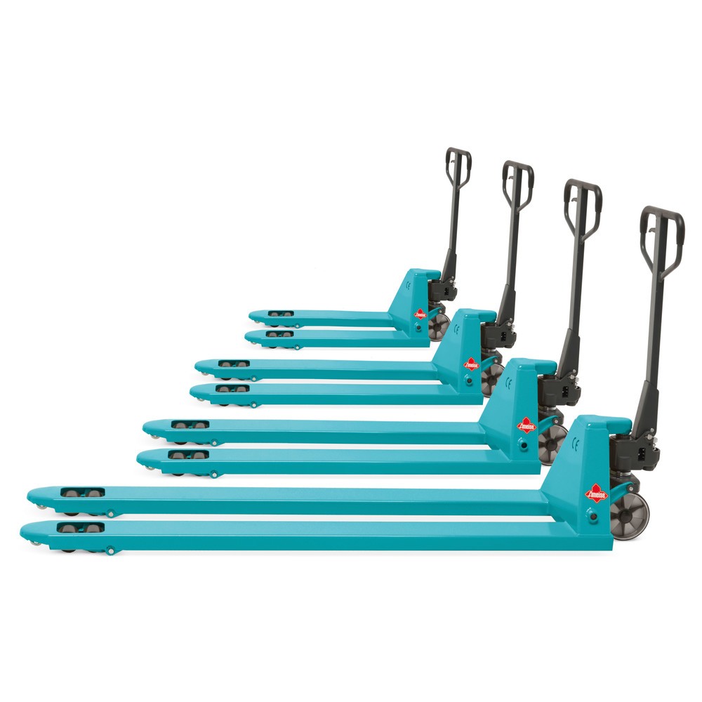 B-Ware Handhubwagen Ameise®, TK 2.000 kg, GL 2.500 mm, Polyurethan, Tandemrollen, RAL 5018 türkisblau