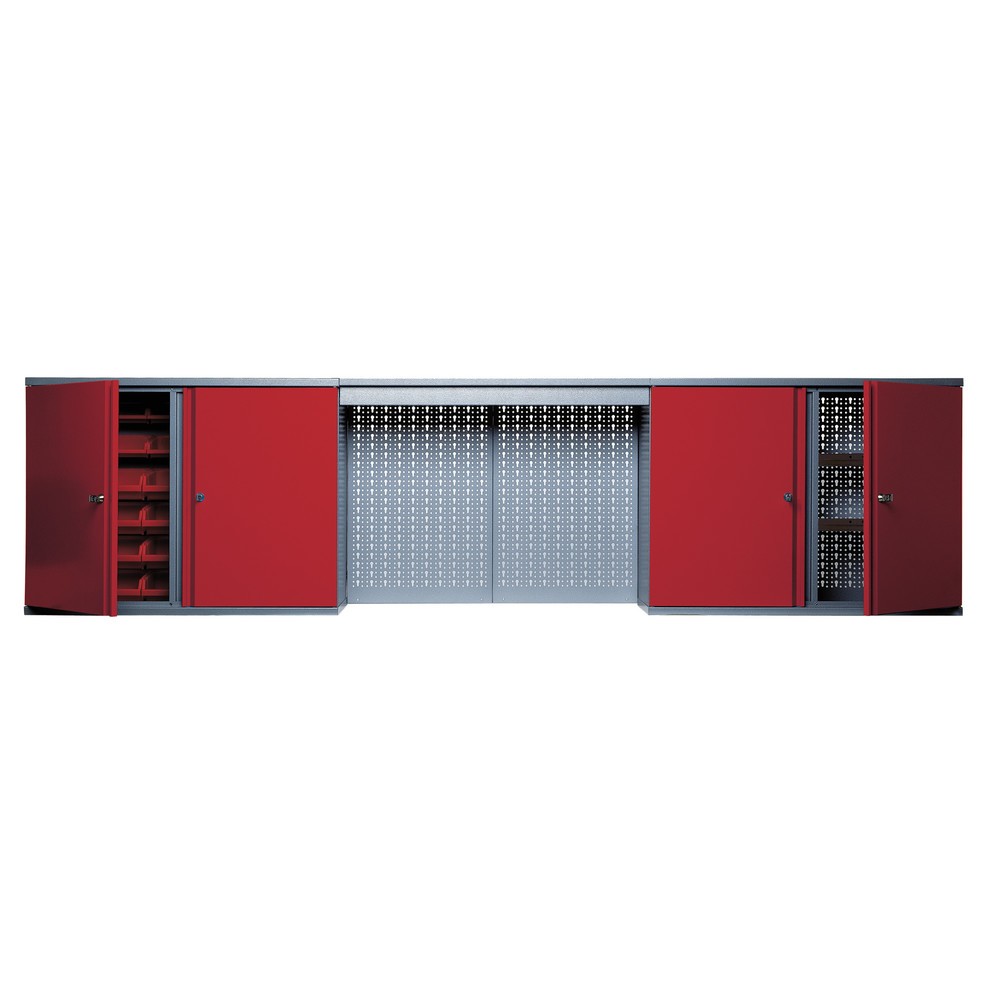 Hängeschrank mit 4 Einlegeböden + 4 Lochrückwand + 12 Sichtboxen + Lichtblende, rot