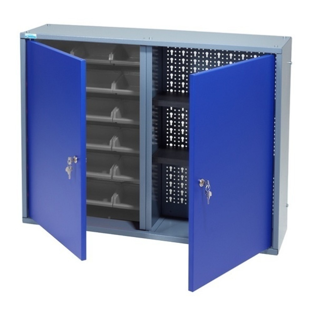 Hängeschrank mit 1 Lochrückwand + 18 Sichtboxen, HxBxT 600 x 800 x 190 mm, blau