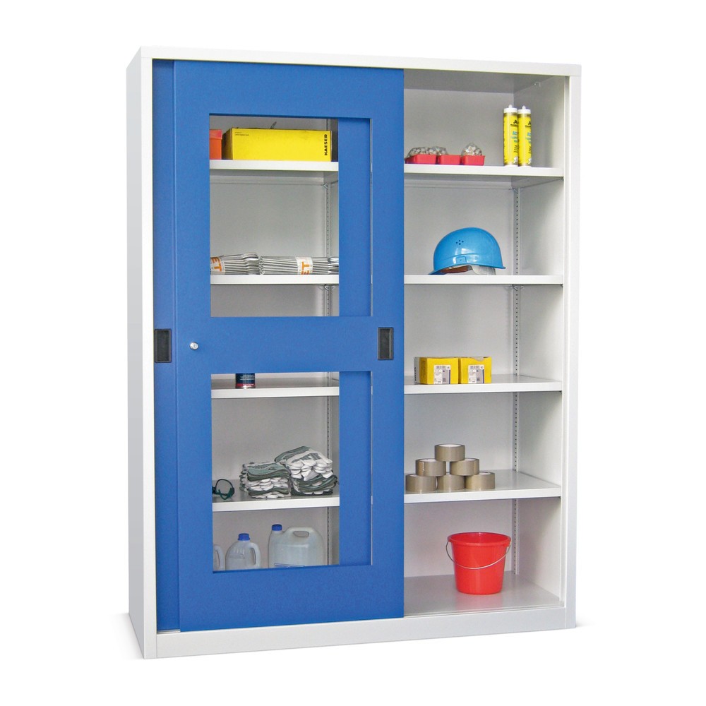 PAVOY Schiebetürenschrank mit Sichtfenstern, 8 Fachböden + Trennwand, HxBxT 1.950 x 1.500 x 600 mm, himmelblau, lichtgrau