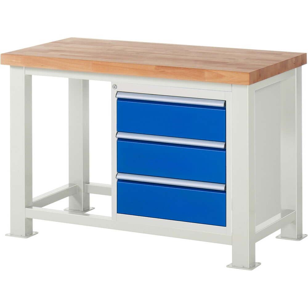 RAU Schwerlastwerkbank, mit massiver Buchen-Arbeitsplatte, Tragfähigkeit 2500 kg, mit 3 Schubladen, HxBxT 850 mm x 1250 mm x 700 mm
