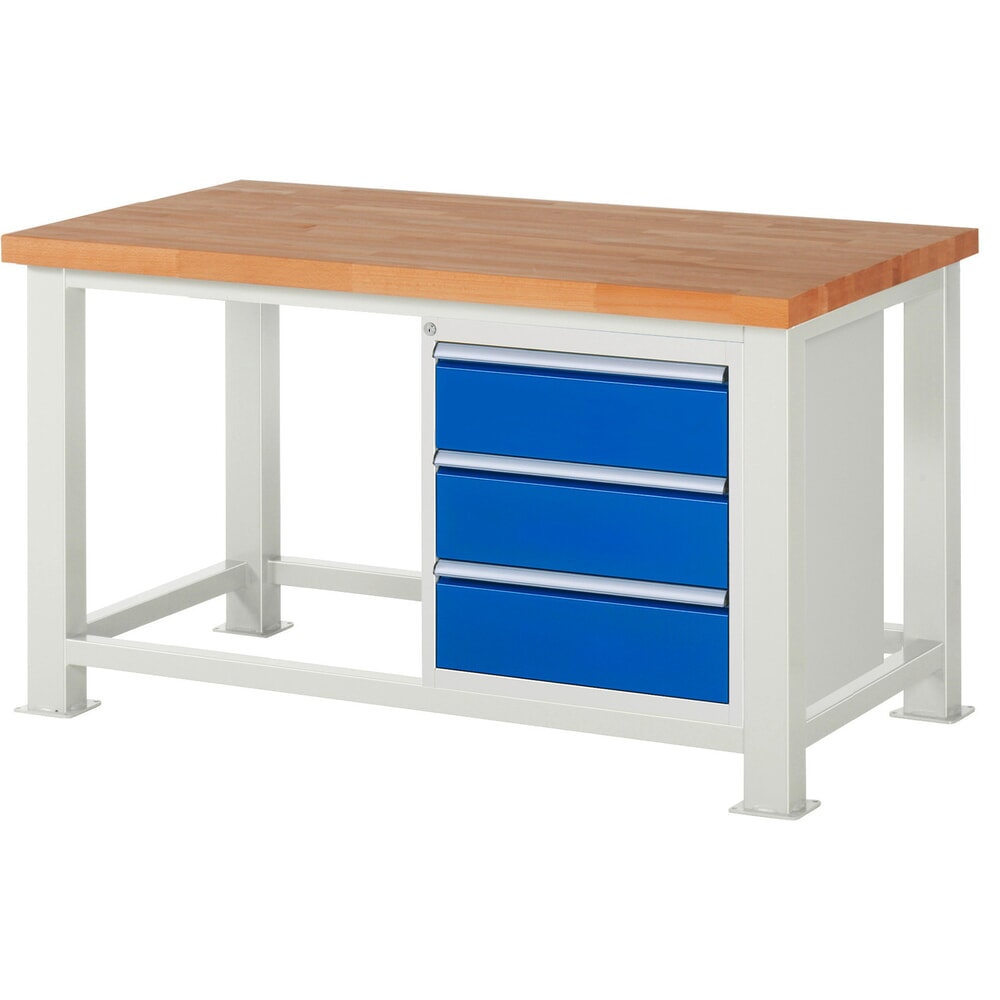 RAU Schwerlastwerkbank, mit massiver Buchen-Arbeitsplatte, Tragfähigkeit 2500 kg, mit 3 Schubladen, HxBxT 850 mm x 1500 mm x 900 mm