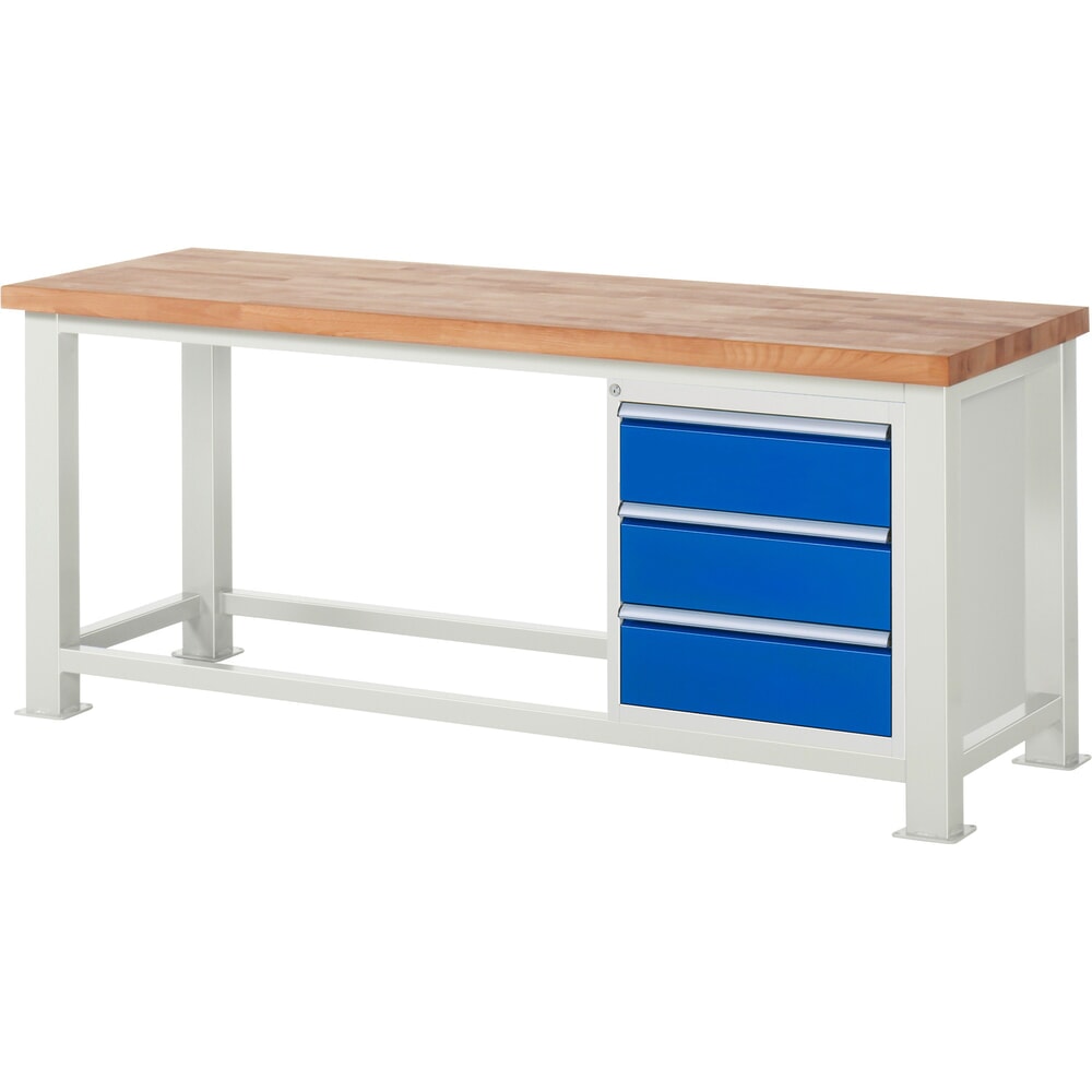 RAU Schwerlastwerkbank, mit massiver Buchen-Arbeitsplatte, Tragfähigkeit 2500 kg, mit 3 Schubladen, HxBxT 850 mm x 2000 mm x 700 mm