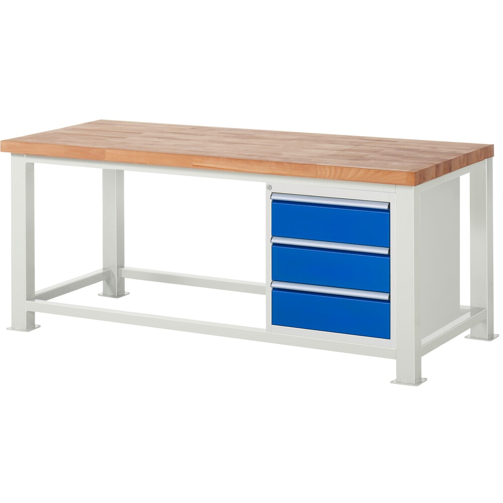 RAU Schwerlastwerkbank, mit massiver Buchen-Arbeitsplatte, Tragfähigkeit 2500 kg, mit 3 Schubladen, HxBxT 850 mm x 2000 mm x 900 mm