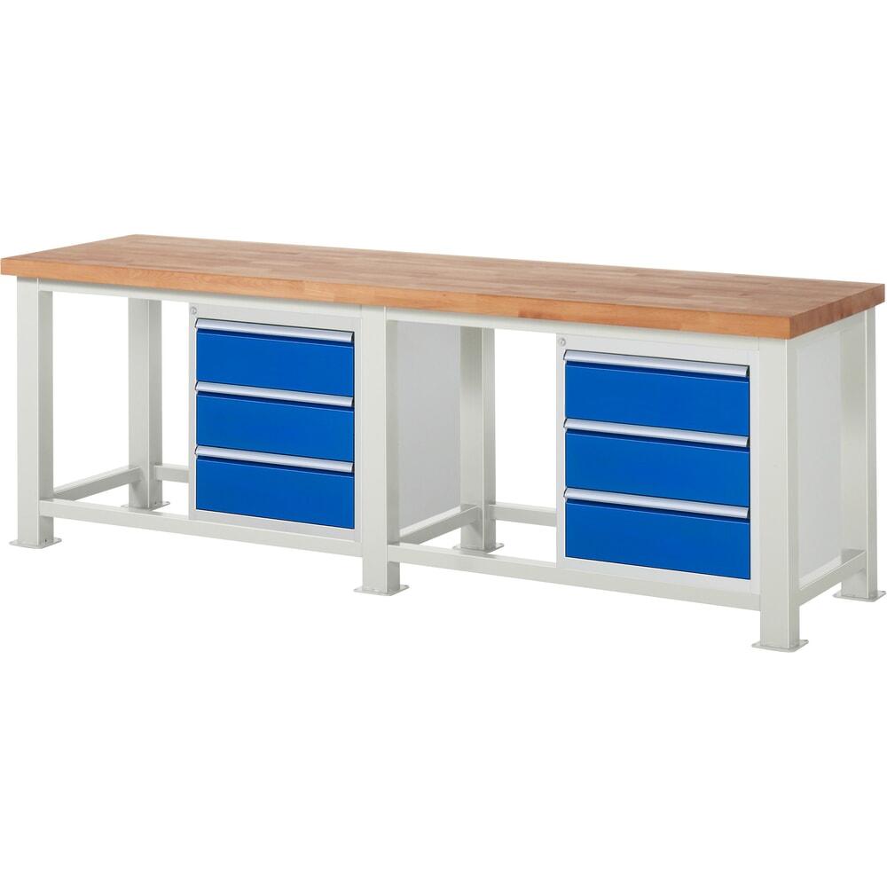 RAU Schwerlastwerkbank, mit massiver Buchen-Arbeitsplatte, Tragfähigkeit 2500 kg, mit 6 Schubladen, HxBxT 850 mm x 2500 mm x 700 mm