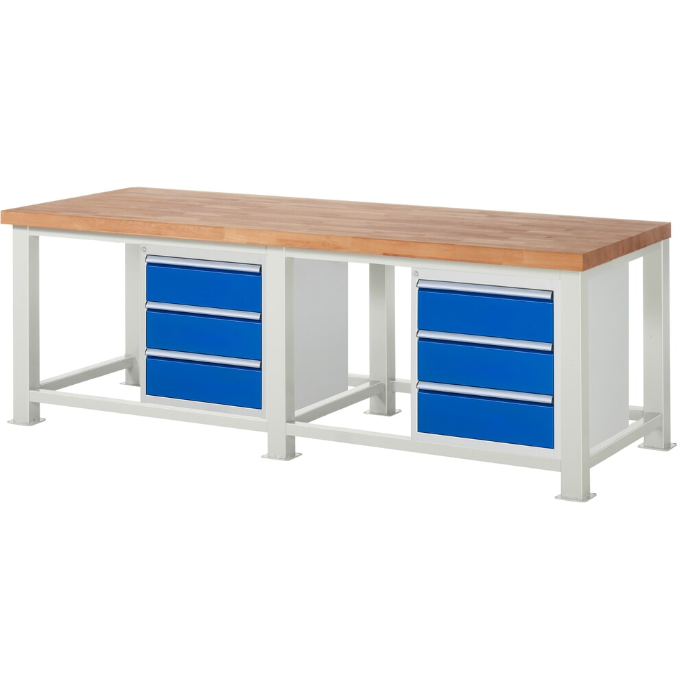 RAU Schwerlastwerkbank, mit massiver Buchen-Arbeitsplatte, Tragfähigkeit 2500 kg, mit 6 Schubladen, HxBxT 850 mm x 2500 mm x 900 mm