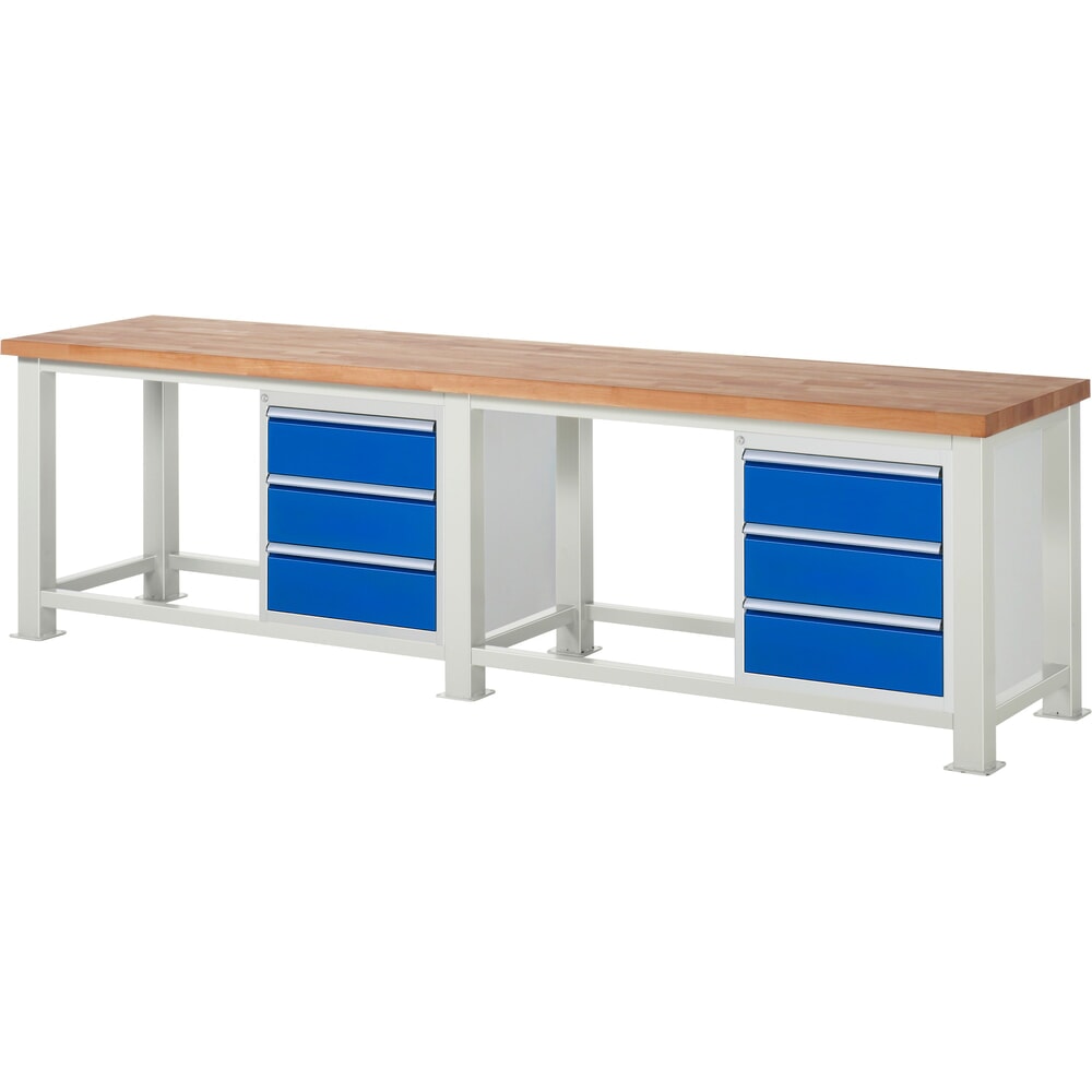 RAU Schwerlastwerkbank, mit massiver Buchen-Arbeitsplatte, Tragfähigkeit 2500 kg, mit 6 Schubladen, HxBxT 850 mm x 3000 mm x 700 mm