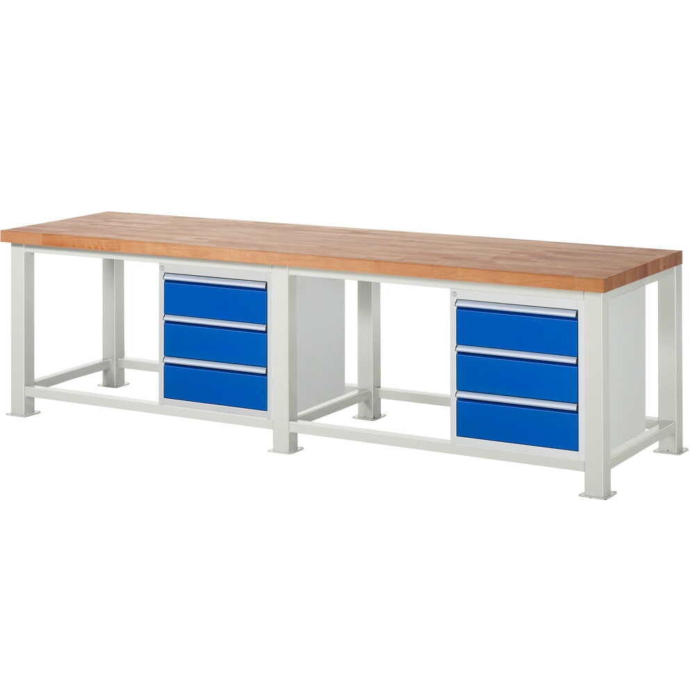 RAU Schwerlastwerkbank, mit massiver Buchen-Arbeitsplatte, Tragfähigkeit 2500 kg, mit 6 Schubladen, HxBxT 850 mm x 3000 mm x 900 mm