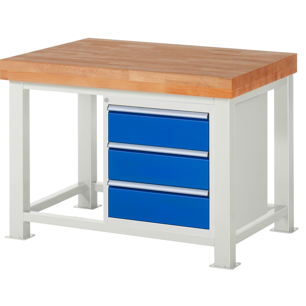 RAU Schwerlastwerkbank, mit massiver Buchen-Arbeitsplatte, Tragfähigkeit 4500 kg, mit 3 Schubladen, HxBxT 900 mm x 1250 mm x 900 mm