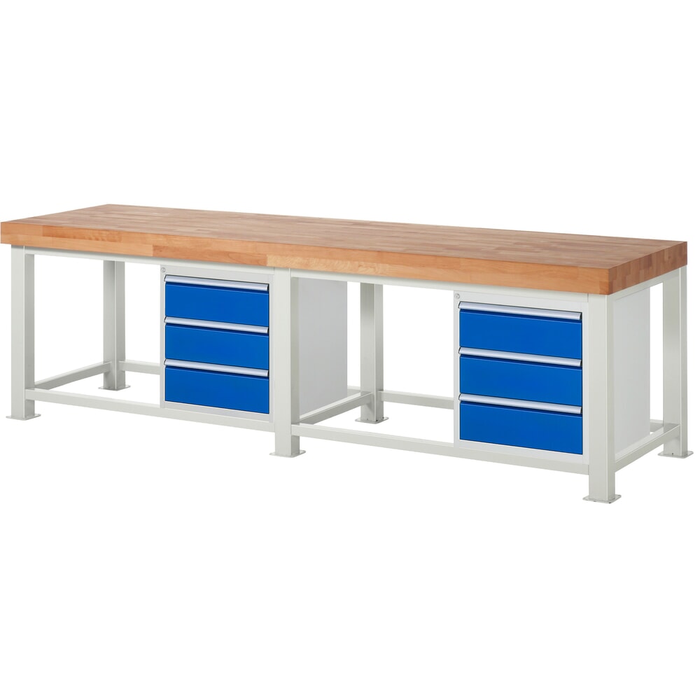 RAU Schwerlastwerkbank, mit massiver Buchen-Arbeitsplatte, Tragfähigkeit 4500 kg, mit 6 Schubladen, HxBxT 900 mm x 3000 mm x 900 mm