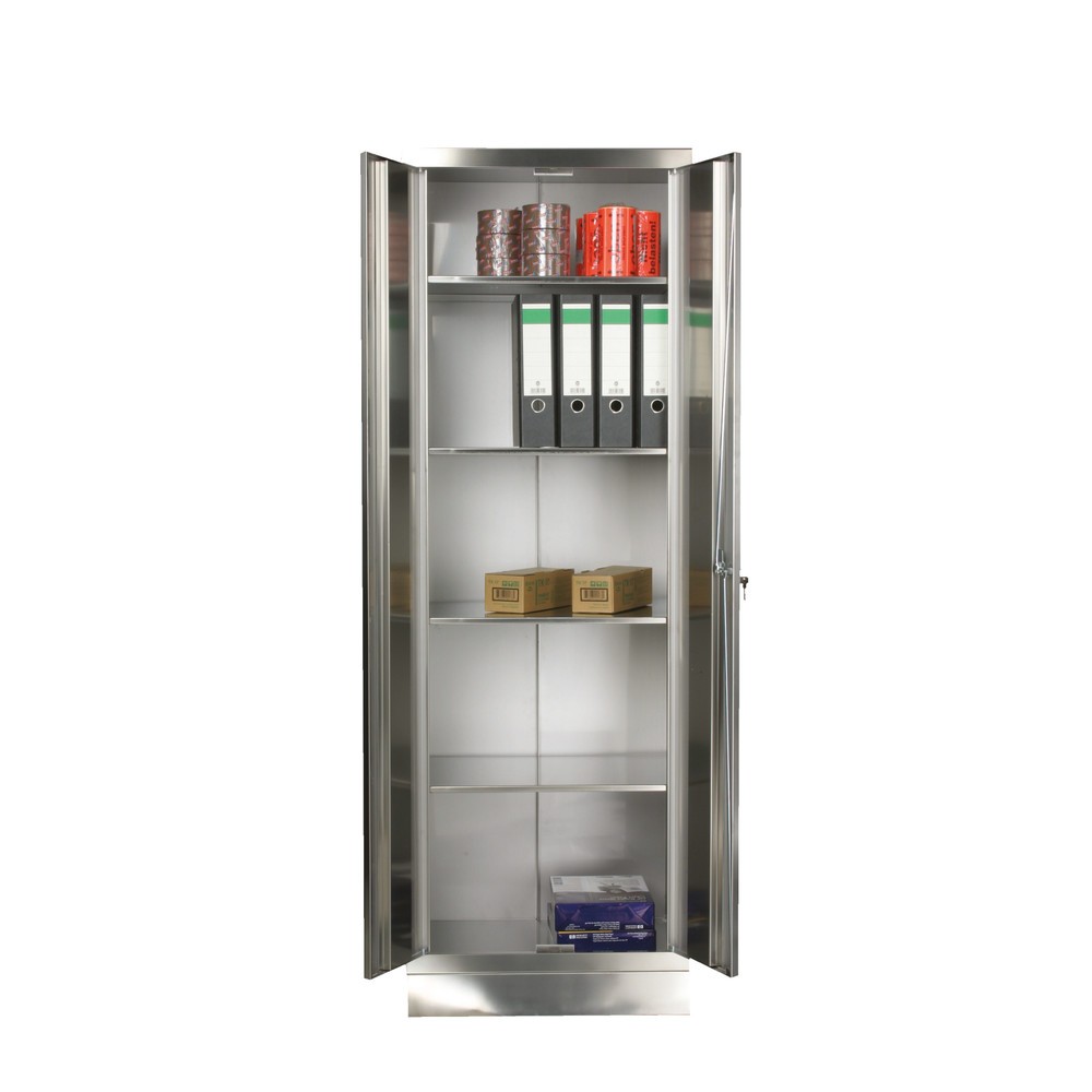 Reinsch Akten- & Lagerschrank aus Edelstahl, 2-flügelig, 4 verstellbare Böden, HxBxT 1.800 x 800 x 500 mm, Sockel
