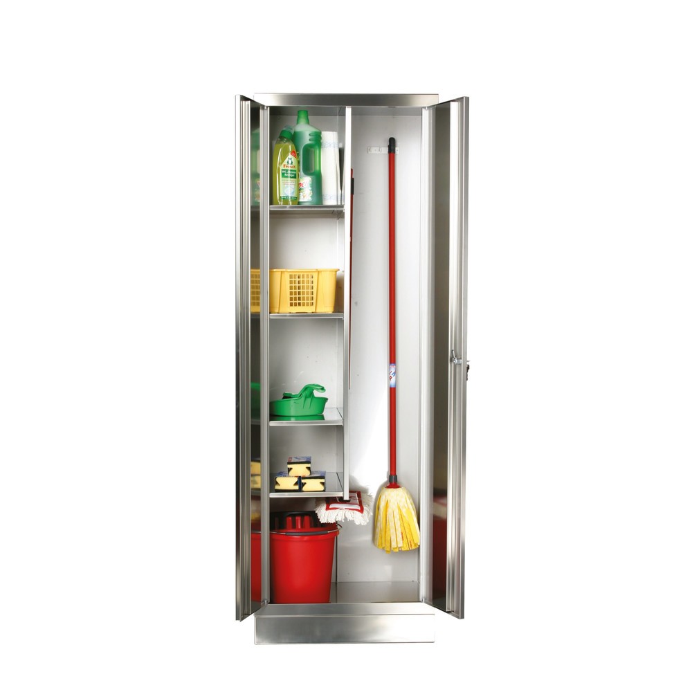 Reinsch Putzmittelschrank aus Edelstahl, 2-flügelig, 4 Einlegeböden, HxBxT 1.850 x 600 x 500 mm, Füsse