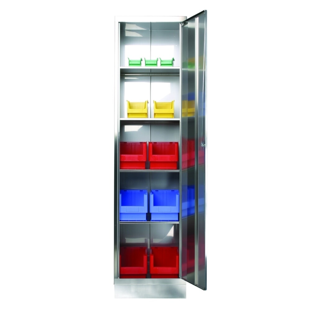 Reinsch Flügeltürenschrank aus Edelstahl, 1-flügelig, 4 Einlegeböden, HxBxT 1.950 x 500 x 400 mm, Sockel