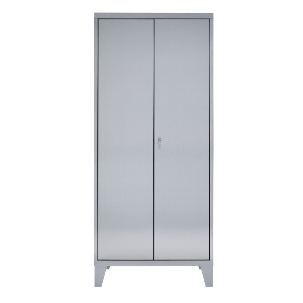 Reinsch Putzmittelschrank aus Edelstahl, 2-flügelig, 4 Einlegeböden, HxBxT 1.850 x 800 x 500 mm, Füsse