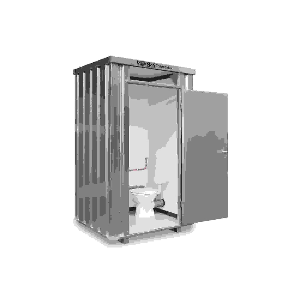 FLADAFI® Toilettenbox, verzinkt, montiert, mit Einrichtung, Einflügeltür, mittig in Breitseite
