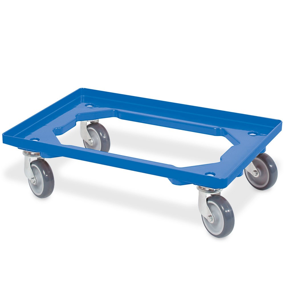 Transportroller für Euro-Stapelbehälter 600x400 mm blau, 4 Lenkrollen, graue Gummiräder