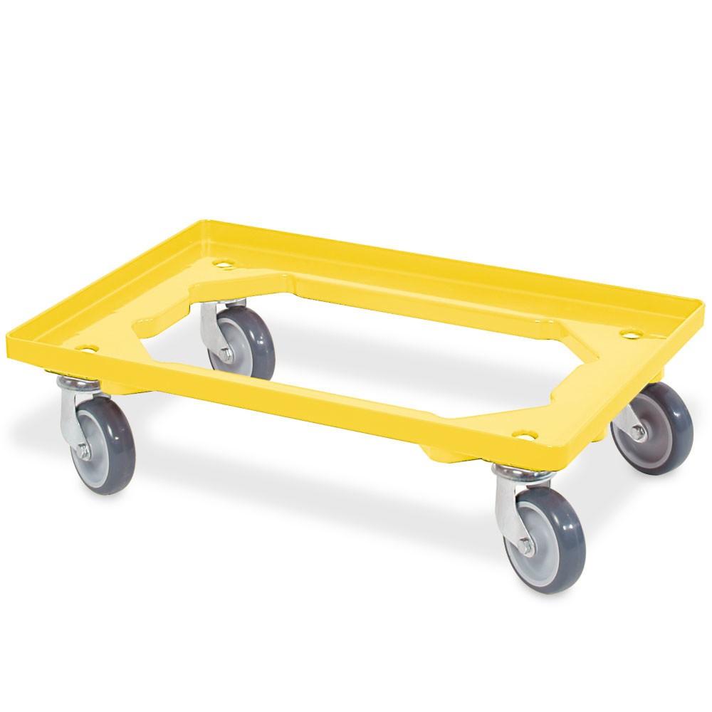 Transportroller für Euro-Stapelbehälter 600x400 mm gelb, 4 Lenkrollen, graue Gummiräder