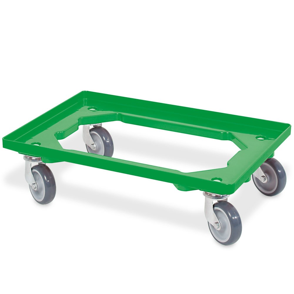 Transportroller für Euro-Stapelbehälter 600x400 mm grün, 4 Lenkrollen, graue Gummiräder