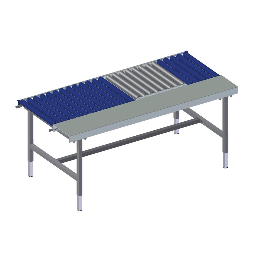 Rocholz Höhenverstellbarer Packtisch SYSTEM 2000, Rollenbahn, manuell, Arbeitsfläche, eichfähige Waage, HxBxT 690–960 mm x 1955 mm x 920 mm