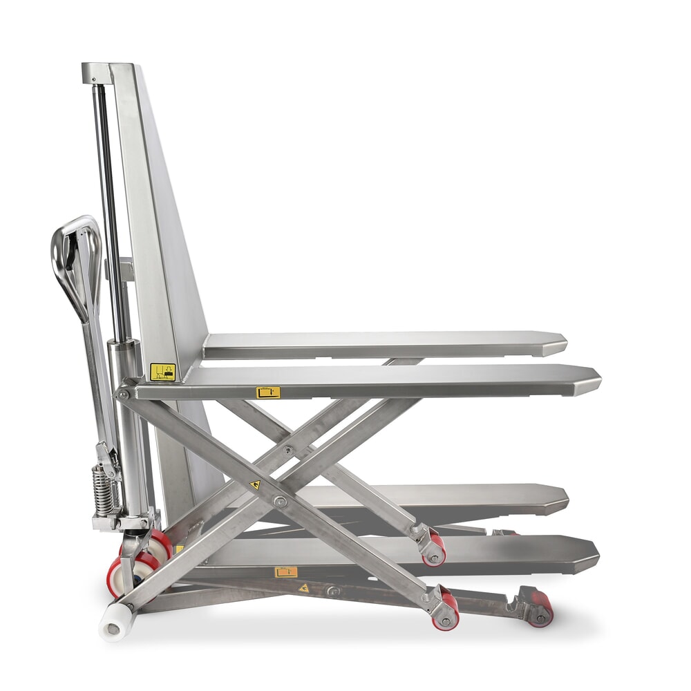 Edelstahl-Scherenhubwagen Ameise® PTM 1.0 Scissor INOX, Tragfähigkeit 1000 kg, elektrohydraulisch, Gabellänge 1200 mm, Nylon