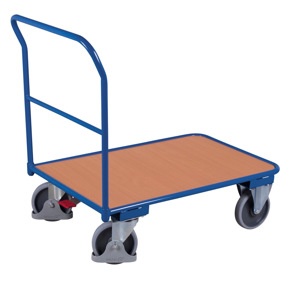 VARIOfit® Schiebebügel-Magazinwagen, Holzwerkstoff-Ladefläche, EasySTOP®-Bremssystem, HxBxT 990 mm x 950 mm x 500 mm, enzianblau